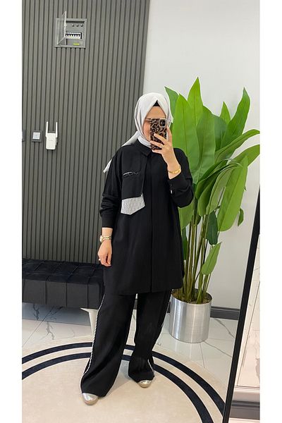 Puane Women's Shirt Collar Tunic Pocket Detailed Trousers Side Stripe Suit