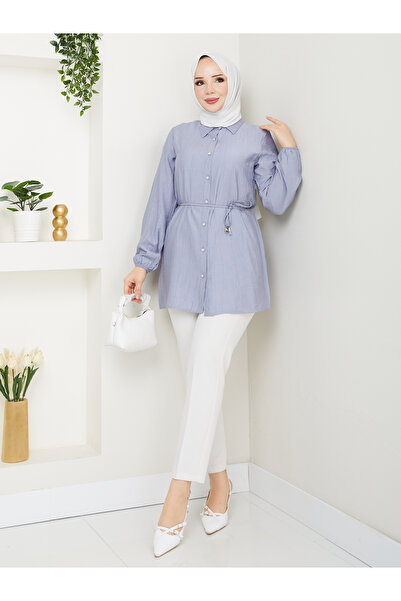 Gc.Butiq Women's Sleeve Mouth Elastic - Waist Tie Long Shirt-Tunic