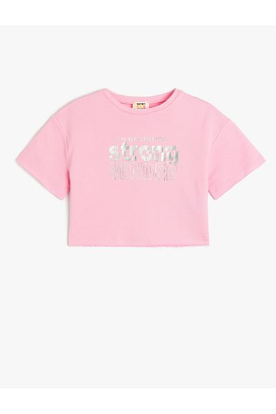 Koton New Season Slogan Printed Crew Neck Short Sleeve Cotton Crop T-Shirt