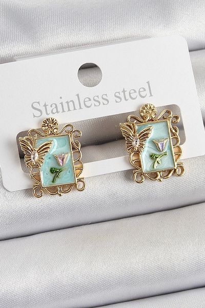 Clariss Brass Green Enamel Artistic Portrait Model Gold Color Women's Earrings