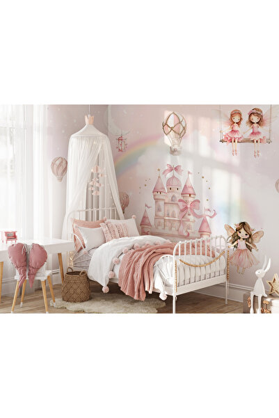 Tasarım Uçan Balonlar Pembe Gökyüzü Gökkuşağı Pembe Kale ve Peri Kız Çocuk Od...