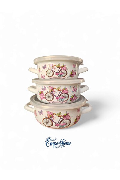 Emparlahome Enamel 3-Piece Cooking and Storage Pot Set (12Cm-14Cm-16Cm) Pink Patterned