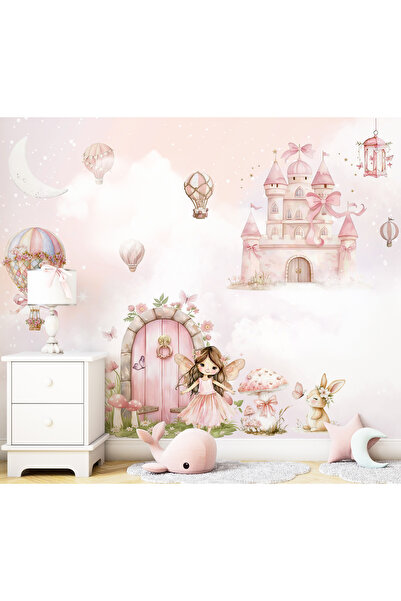 Tasarım Uçan Balonlar Pembe Gökyüzü Pembe Kale ve Peri Kız Çocuk Odası Duvar ...