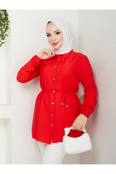 Gc.Butiq Women's Sleeve Mouth Elastic - Waist Tie Long Shirt-Tunic