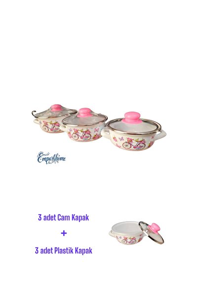 Emparlahome Enamel 3-Piece Cooking and Storage Pot Set (12Cm-14Cm-16Cm) Pink Patterned