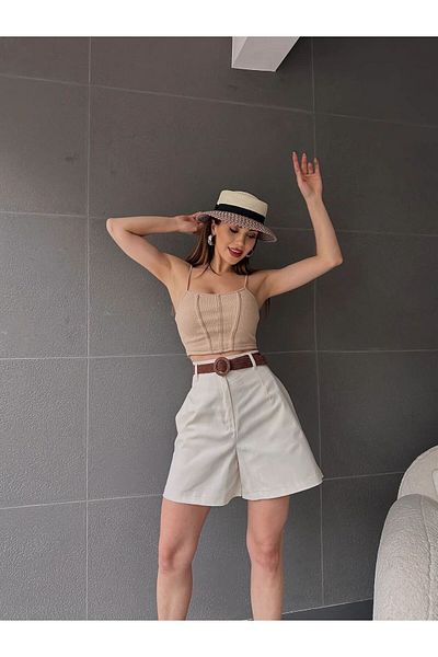 BRAXELL Wide Leg Mom Shorts with Belt -Cream S-Cream