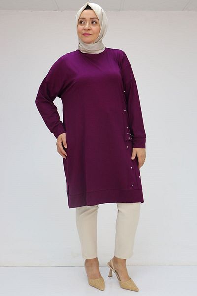 Eslina 58048 Large Size Self Ribbed Combed Cotton Tunic - Plum