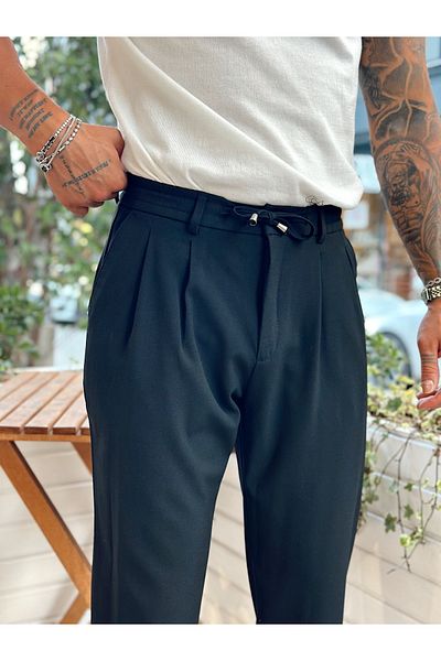 manch collection Pantaloni din țesătură cu șnur în talie italiană, negri