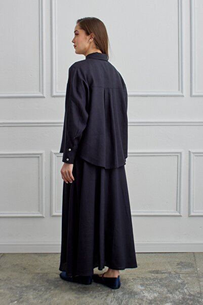 QANU Azur Linen Skirt Suit Navy Blue