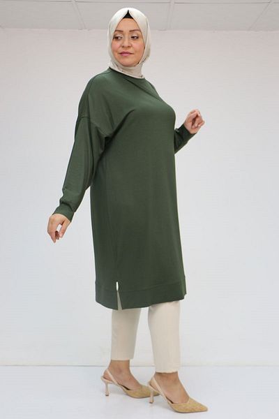 Eslina 58048 Large Size Self Ribbed Combed Cotton Tunic - Khaki