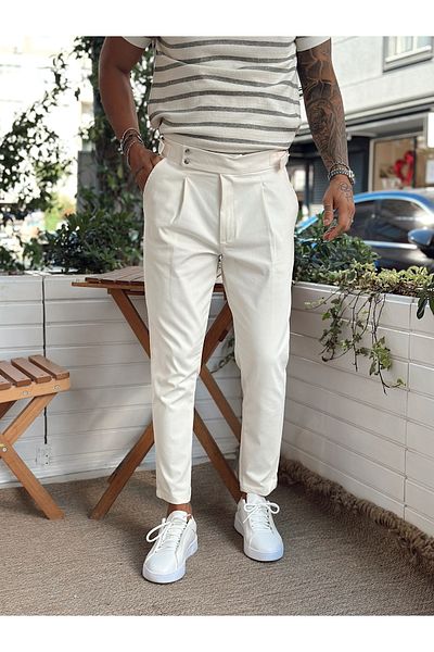 manch collection High Waist Double Button Italian Cut Pants Cream