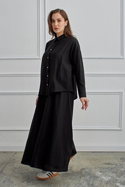 QANU بدلة تنورة من الكتان من أزور باللون الأسود