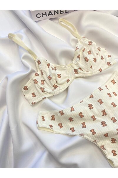 dem merys Miniş Ayıcık Desenli Balenli Pamuklu Penye Sütyen Takım (Sütyen Tanga)