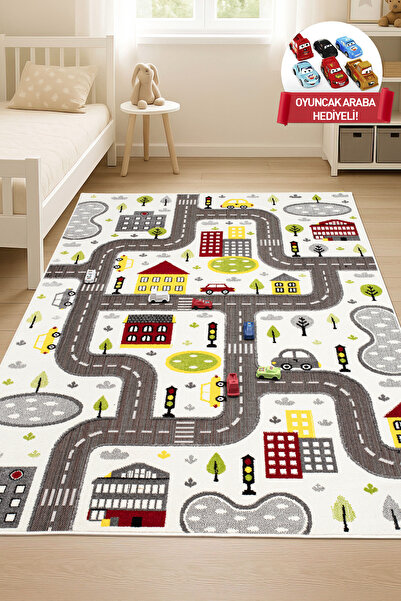 MELARİS HALI 3 Boyutlu Trafik Arabalı Halı Dokuma Çocuk Halısı Anaokul Kreş Oyun Araba Halısı