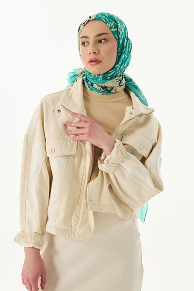 FENZA SCARF Olive Leaf Patterned Cotton Shawl - Turquoise-Cream