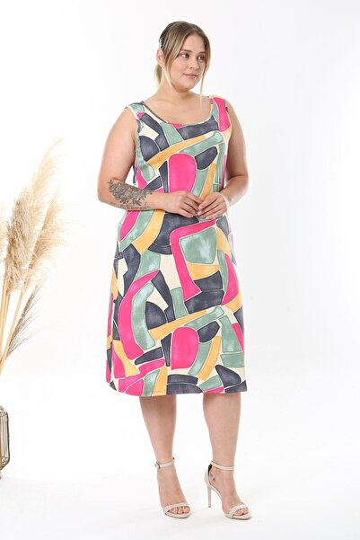 Madwilo Women's Pink Gray Geometric Pattern Strap Plus Size Dress