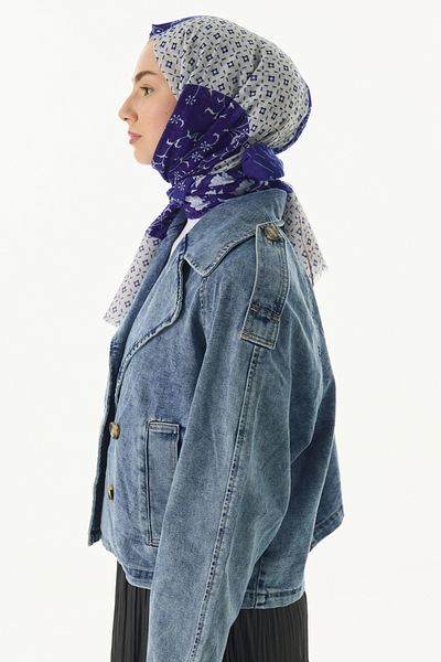 FENZA SCARF Ethnic Pattern Cotton Shawl - Navy Blue-White