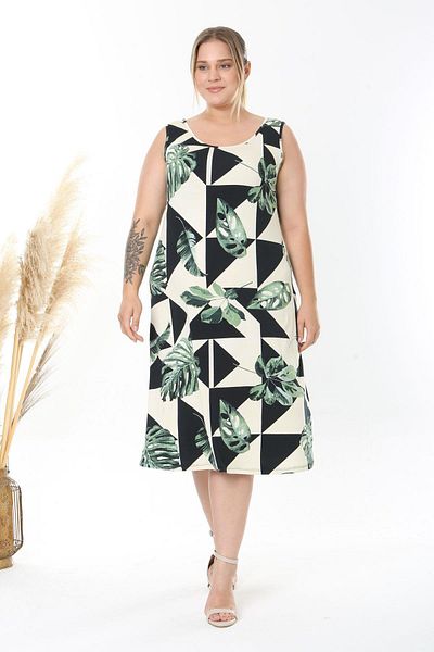 Madwilo Γυναικείο Πράσινο Φόρεμα Monstera με λουράκι Plus Size