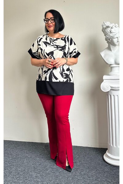 Vio Moda Büyük Beden Spanish Crepe Trousers with Slits and Grass
