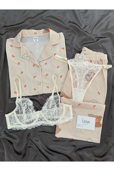Lena Homewears Γυναικείο Σετ πιτζάμες με κοντομάνικο μοτίβο αρκουδάκι 4 τεμαχίων