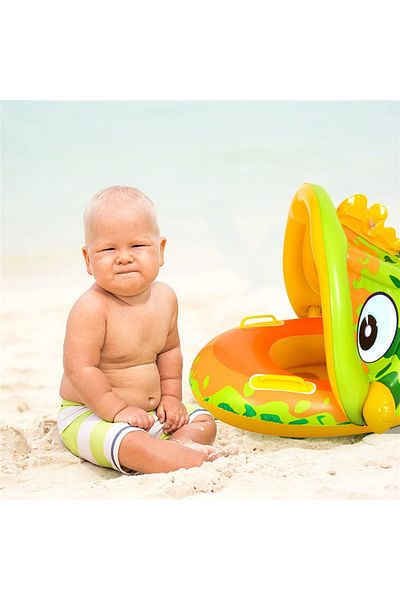 Picodino Inflatable boat ring with removable sunshade and support for children, Crocodile model, multicolor