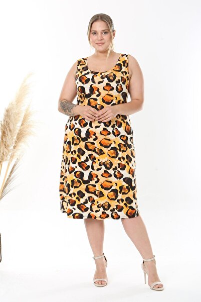 Madwilo Women's Orange Black Tiger Pattern Strap Plus Size Dress