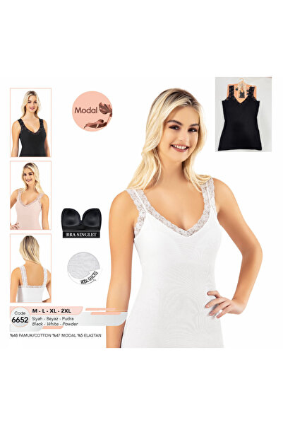 BENALİ Underwear Kota Modal Camisole Fabric Deep V-Neck Self-Bra Thick Lace S...