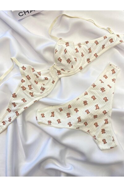 dem merys Miniş Ayıcık Desenli Balenli Pamuklu Penye Sütyen Takım (Sütyen Tanga)