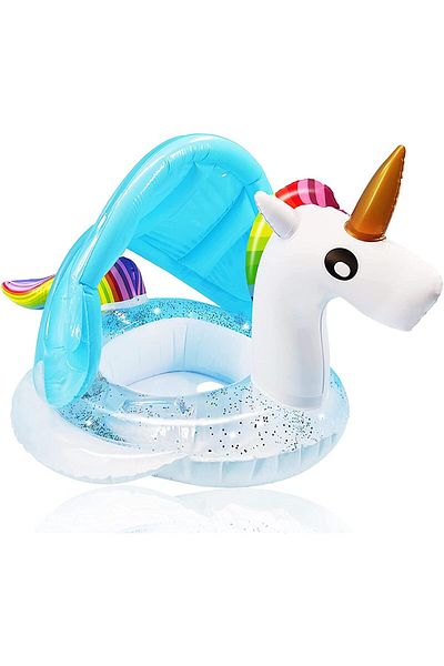 Picodino Inflatable boat ring with panties and sunshade, White Unicorn with glitter