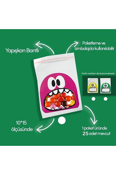 Yıldızistan Cute Monster Patterned 100 Pieces Mini Multicolored Tape Transparent Bag 10X15 cm - Yildizstan008