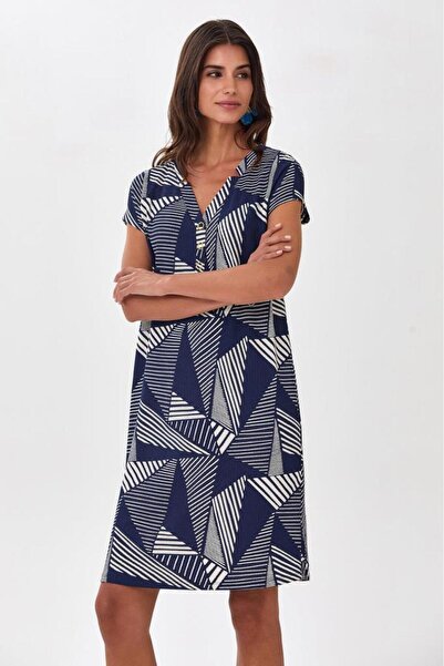 İKİLER V Yaka Önü Çıtçıtlı Desenli Elbise 025-2522