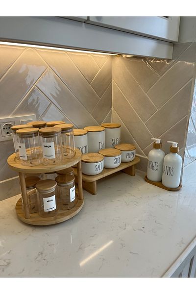 Sade Hediye 6-Piece Spice Rack with Stand/12-Piece Bamboo Lid Rotating Stand Spice Rack/2-Piece Soap Dish