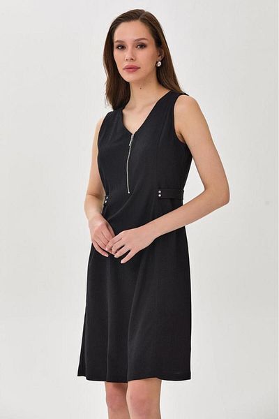 İKİLER V Neck Front Zipper Sleeveless Dress 025-4016