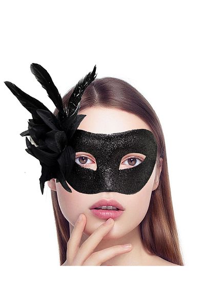 No8 Home Black Color Metallized Glitter Look Shiny Feather Party Mask 22X19 cm