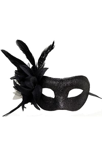 No8 Home Black Color Metallized Glitter Look Shiny Feather Party Mask 22X19 cm