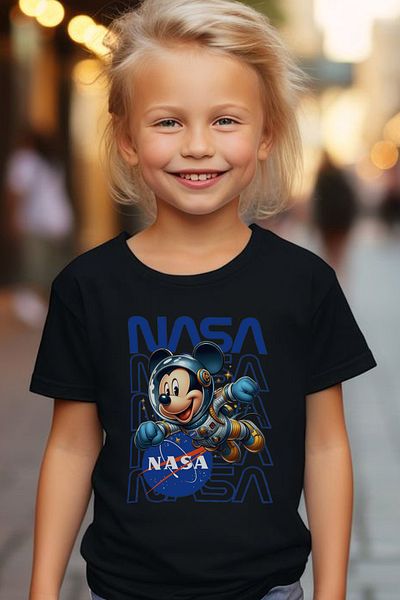 Store Mickey Nasa Pattern Printed Children's Black and White Tshirt