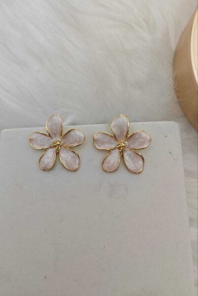 KYOLA DESİGN Sedefli Beyaz 5 Yapraklı Çiçek Gold Kadın Küpe