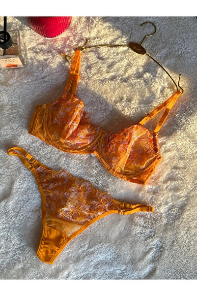 Butik Lace Bottom Top Bra Set Orange