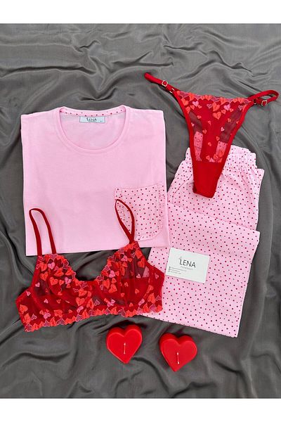 Lena Homewears Set de pijamale cu mâneci scurte Pink Spring din 4 piese