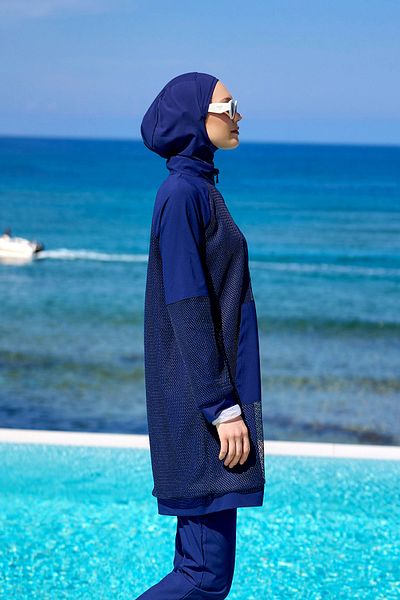 Marina Swimwear Navy Blue Full Covered Hijab Swimsuit Tulle Detailed Modern Design M2534-2