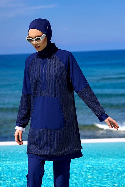 Marina Navy Blue Tulle Detailed Fully Covered Hijab Swimsuit M2534-2