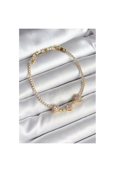 Skygo Brass Row Pink Heart Figured Zircon Stone Gold Color Women's Bracelet - Tj-Bb6983