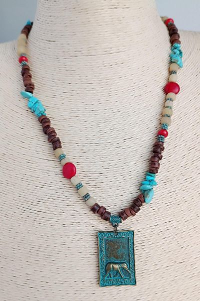 Fildişi Aksesuar Ethnic Design Handmade Women's Necklace with Elephant Shaped Metal Pendant End (45 cm)