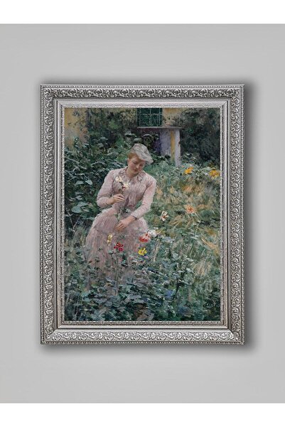 WoodyArts Femeie care scoate flori în grădină - Cadru gri antic