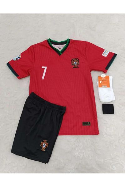 DAYIBALI DÜKKAN Dayibali Portugal Cristiano Ronaldo 2024/25 Short Sleeve Red Home Kids Jersey Set of 4