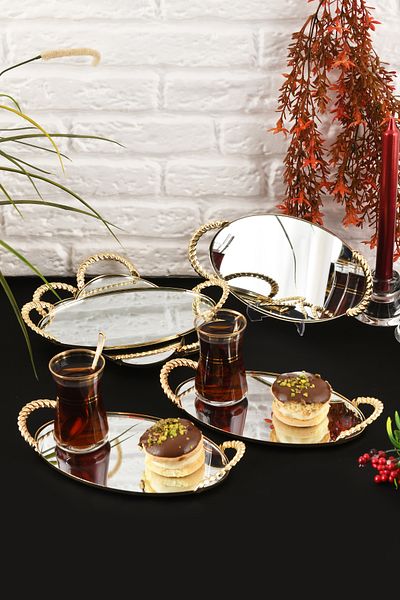 HELVACIOĞLU AKSESUAR 6 Pieces Mirrored Handled Coffee, Cake, Cake, Baklava, Cookies, Tea Presentation Tray 13X21 cm
