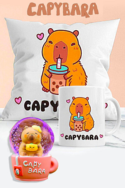 zozoya Capybara Işıklı Kar Küresi & Kapibara Yastık & Kapibara Kupa Hediye Seti