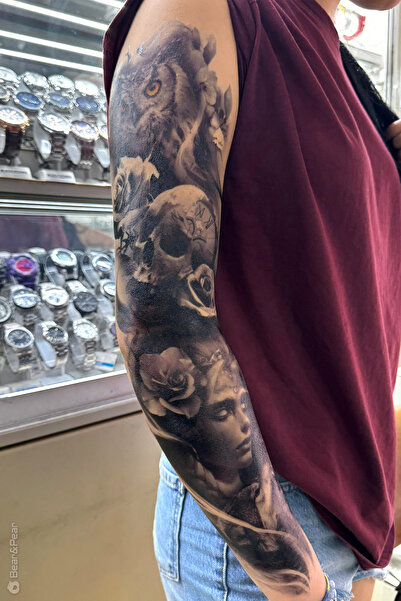 BP Tattoo Baykuş Kuru Kafa Kol Dövmesi Kol Kaplama Geçici Dövme