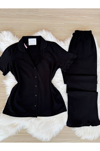 Pijamacs Set de pijamale din bumbac negru cu mâneci scurte și detaliu cu volan