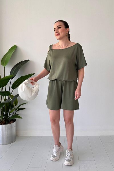 MaziButik Shoulder Strap Shorts Jumpsuit Khaki